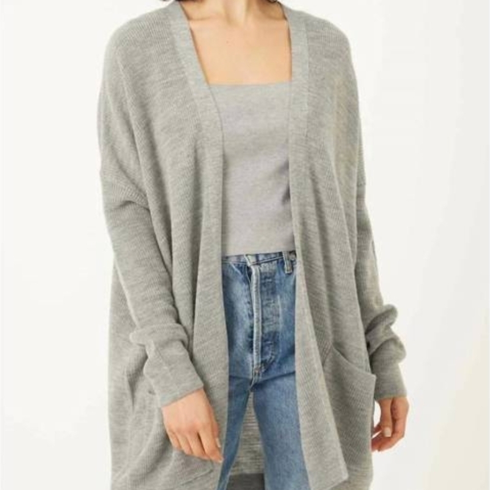 Stitches And Striped Women's Gray Open-Front Cardigan With Pockets Oversized
